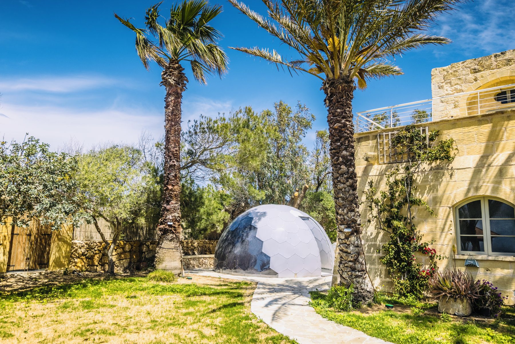 Garden with palms and the sound-practice dome beside the villa